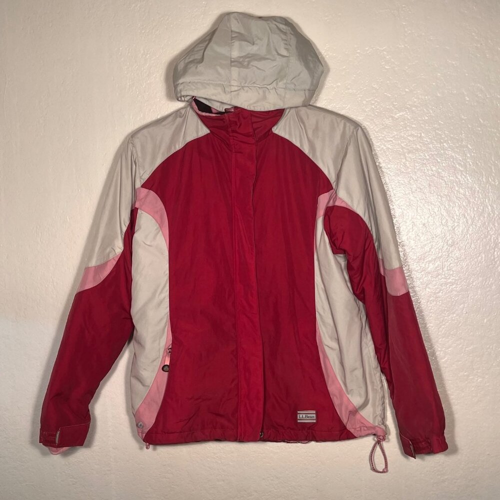L.L.Bean M Red Pink Hooded Nylon Jacket Detachable Fleece Liner Water-Resistant